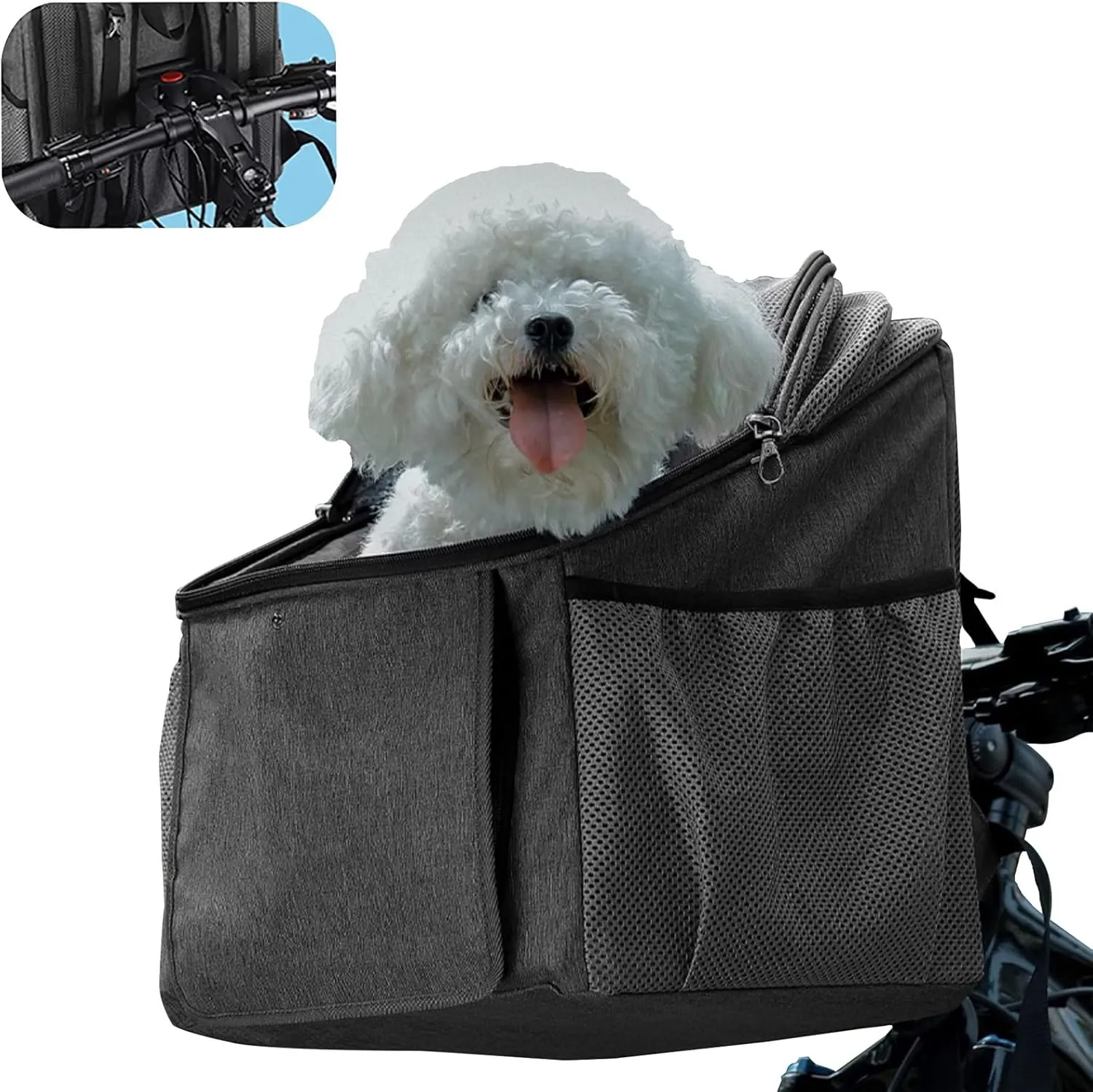 Pet Carrier Bicycle Basket, Foldable Dog Bike Front Basket Bag with Big Side Pockets, Breathable Mesh, for Small Medium Cats and Dogs, Removable, Quick Release