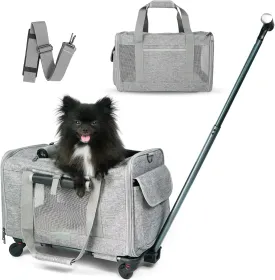 Pet Carrier With Wheels for Dogs Up To 15lbs  Airline Approved Dog Carrier - Rolling Pet Carrier w/ Removable Wheels & Washable Plush Mat  Cat Travel Carrier w/ Telescopic Handle & Shoulder Strap