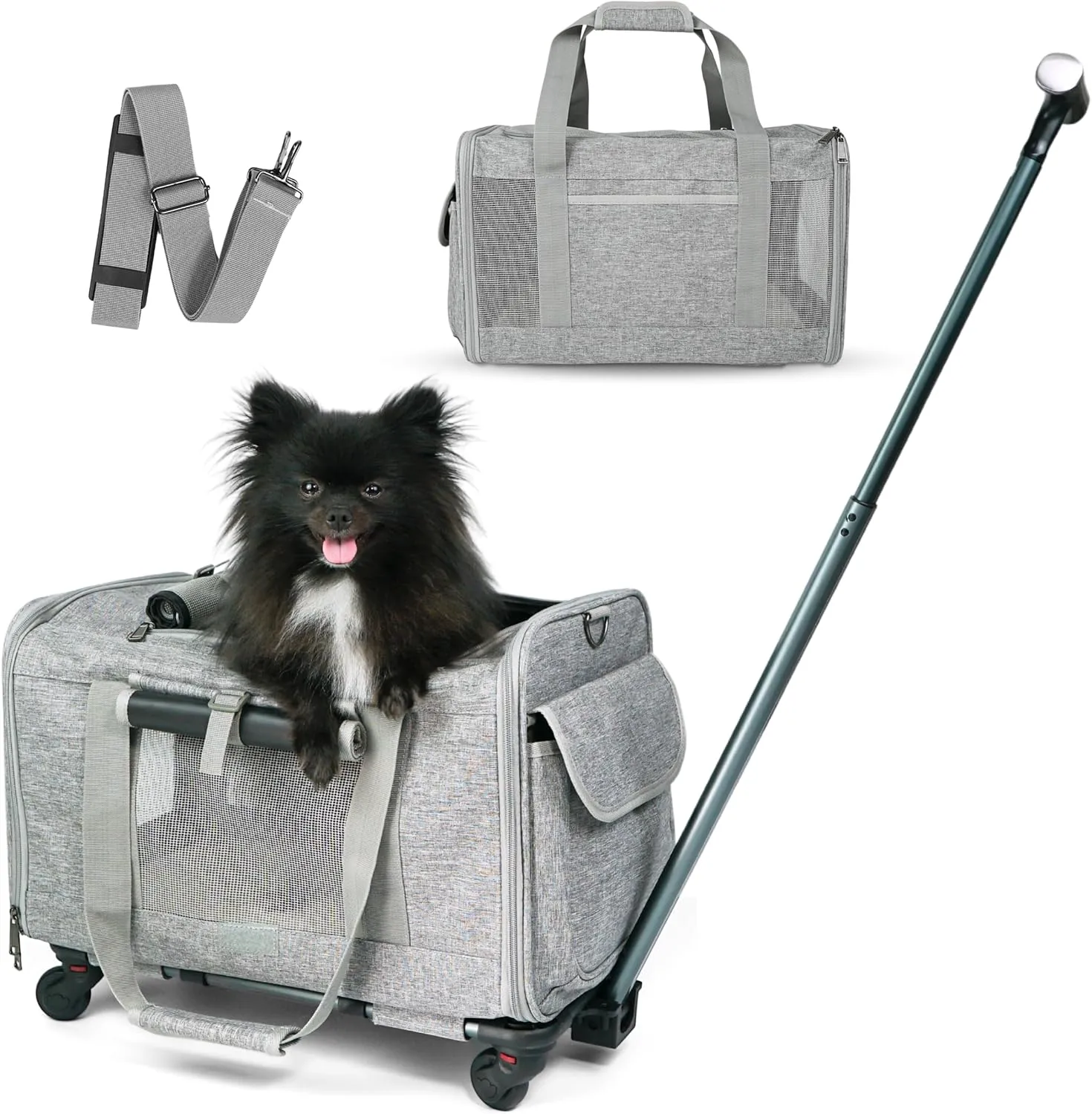 Pet Carrier With Wheels for Dogs Up To 15lbs  Airline Approved Dog Carrier - Rolling Pet Carrier w/ Removable Wheels & Washable Plush Mat  Cat Travel Carrier w/ Telescopic Handle & Shoulder Strap