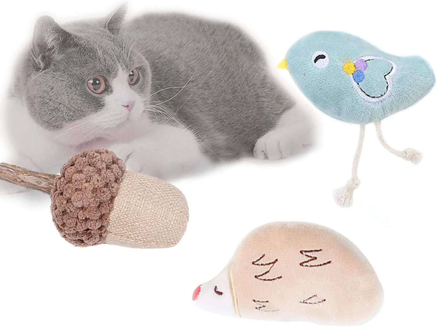 Pet Catnip Toy for Indoor Cat, Acorn Cat Chew Toys Set, Plush Cat Kicker Interactive Game for Teeth Chewing Grinding - Acorn with Stick, Chick, Hedgehog