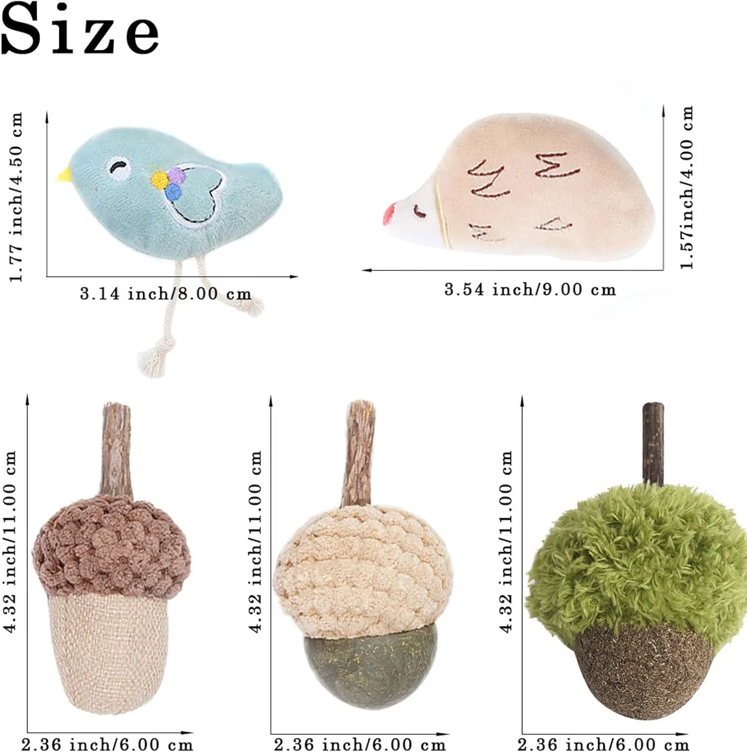 Pet Catnip Toy for Indoor Cat, Acorn Cat Chew Toys Set, Plush Cat Kicker Interactive Game for Teeth Chewing Grinding - Acorn with Stick, Chick, Hedgehog