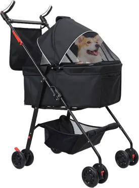 Pet Stroller Dog Stroller with Light Barrier, 2 in 1 Pet Folding Stroller, 4 Wheels Dog/Cat Puppy Stroller, Removable Travel Carrier for Small/Medium Pet Black