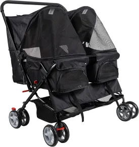Pet Stroller Twin Folding Dog Cat Carrier Travel Cart,Foldable Double Dog Stroller for 2 Dogs Cats with 4 Wheels, Twin Walk Jogger Travel Pet Carriage Cart with Storage, Black