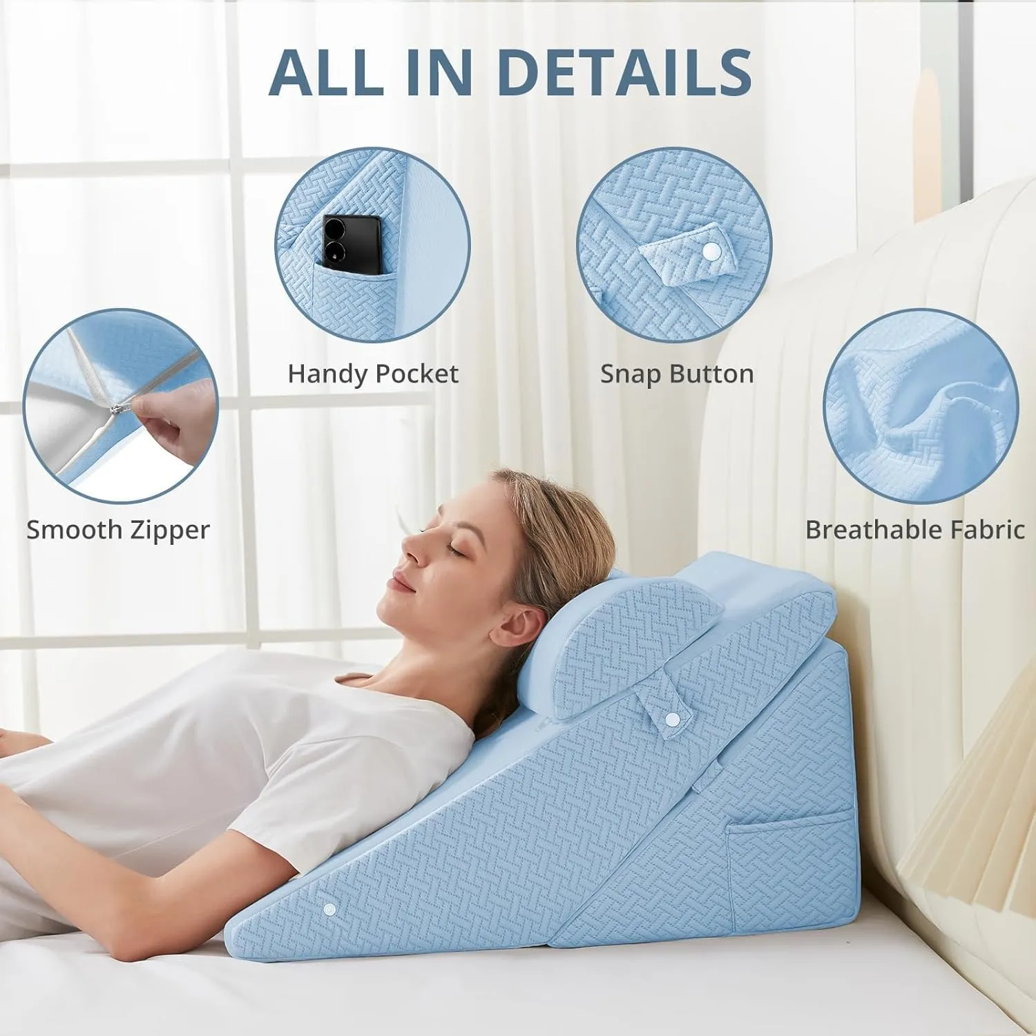 Sasttie Wedge Pillow Set for After Surgery, Adjustable Bed Wedge Pillow Headboard with Orthopedic Memory Foam Neck Cushion  for Acid Reflux, Sleeping, Neck & Back Support, Light Blue