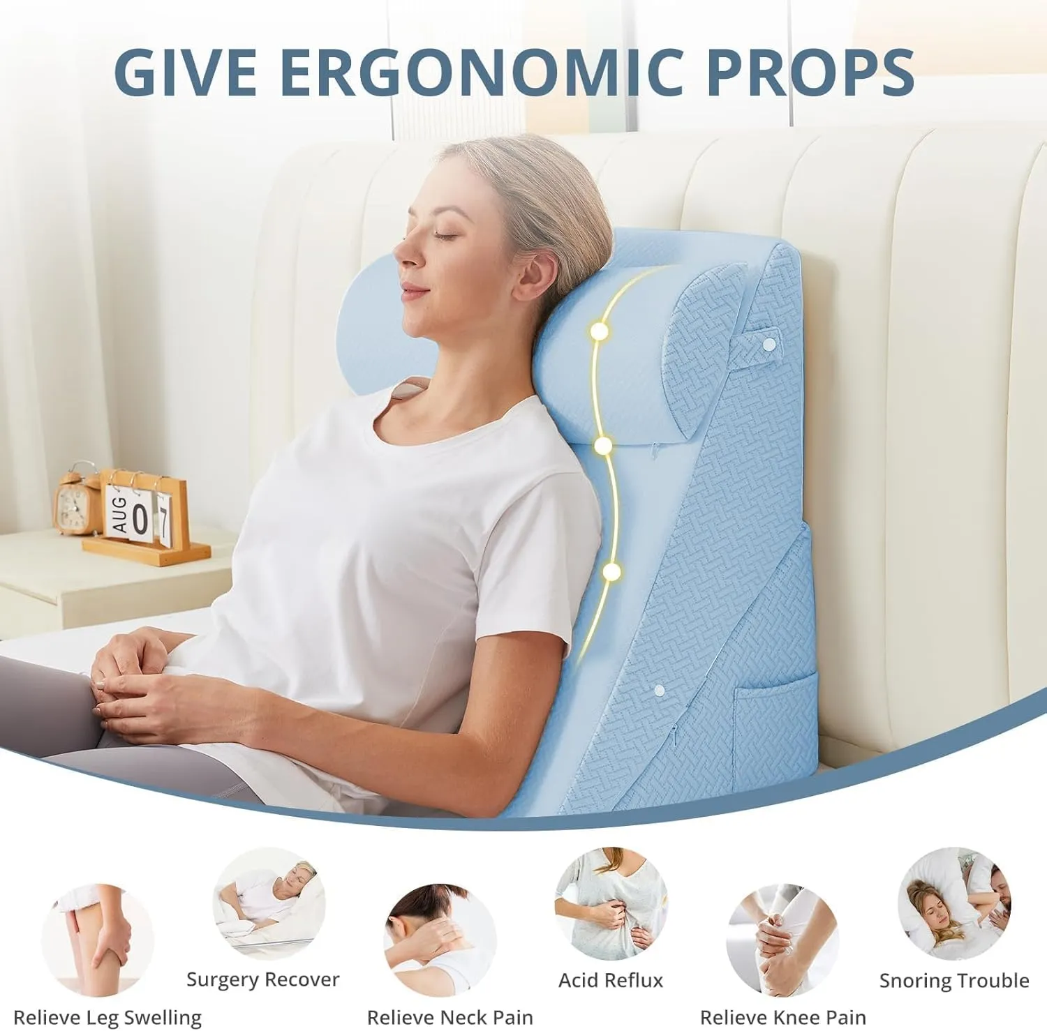 Sasttie Wedge Pillow Set for After Surgery, Adjustable Bed Wedge Pillow Headboard with Orthopedic Memory Foam Neck Cushion  for Acid Reflux, Sleeping, Neck & Back Support, Light Blue