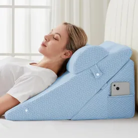 Sasttie Wedge Pillow Set for After Surgery, Adjustable Bed Wedge Pillow Headboard with Orthopedic Memory Foam Neck Cushion  for Acid Reflux, Sleeping, Neck & Back Support, Light Blue