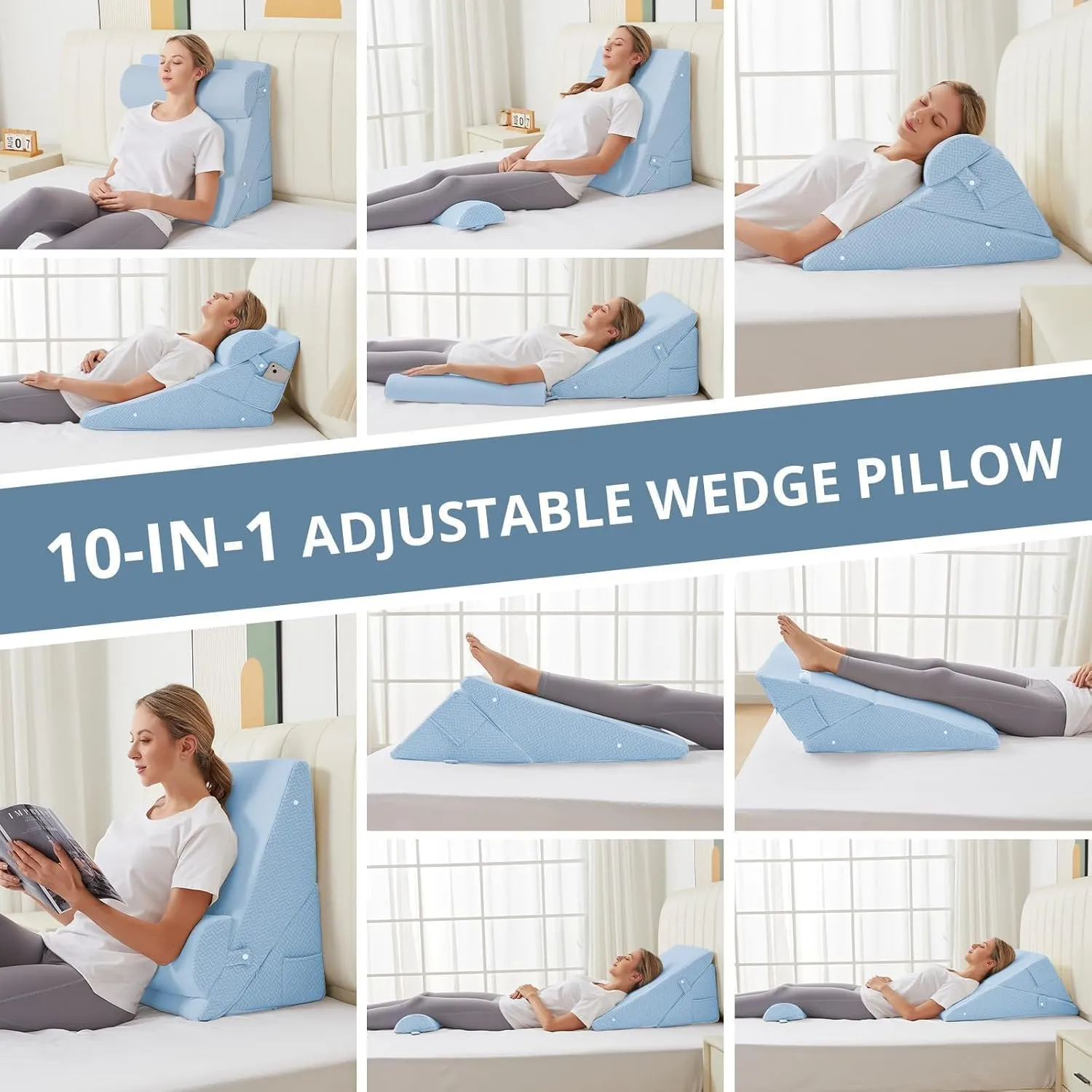 Sasttie Wedge Pillow Set for After Surgery, Adjustable Bed Wedge Pillow Headboard with Orthopedic Memory Foam Neck Cushion  for Acid Reflux, Sleeping, Neck & Back Support, Light Blue