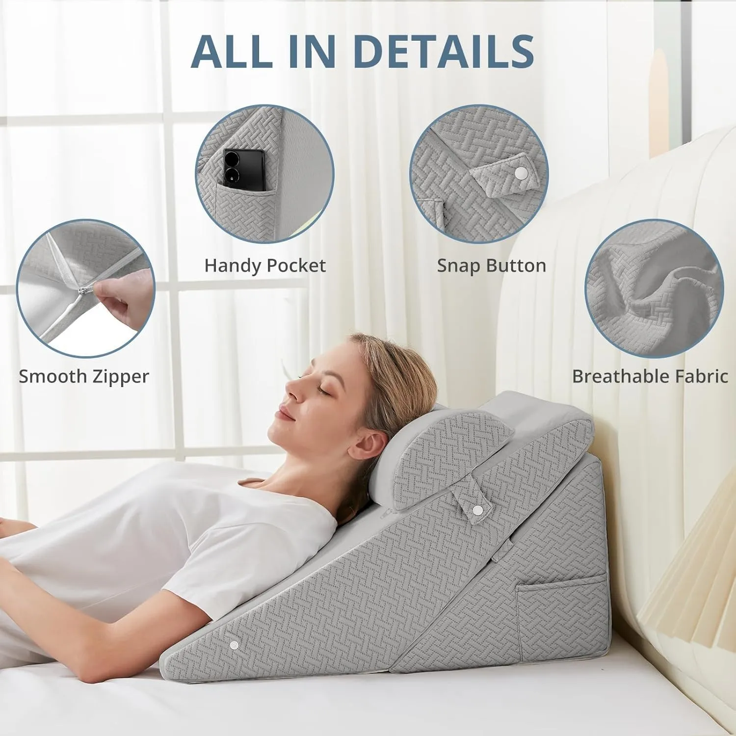 Sasttie Wedge Pillow Set for After Surgery, Adjustable Bed Wedge Pillow Headboard with Orthopedic Memory Foam Neck Cushion  for Acid Reflux, Sleeping, Neck & Back Support, Light Grey