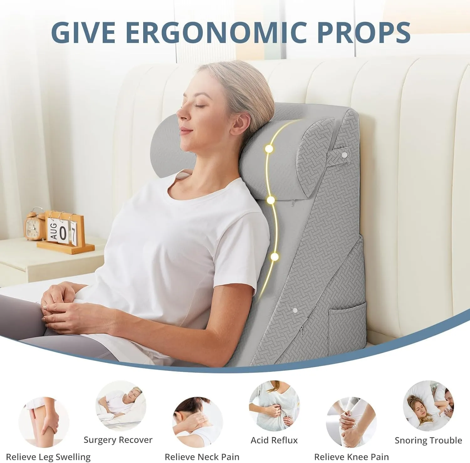 Sasttie Wedge Pillow Set for After Surgery, Adjustable Bed Wedge Pillow Headboard with Orthopedic Memory Foam Neck Cushion  for Acid Reflux, Sleeping, Neck & Back Support, Light Grey