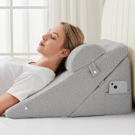 Sasttie Wedge Pillow Set for After Surgery, Adjustable Bed Wedge Pillow Headboard with Orthopedic Memory Foam Neck Cushion  for Acid Reflux, Sleeping, Neck & Back Support, Light Grey