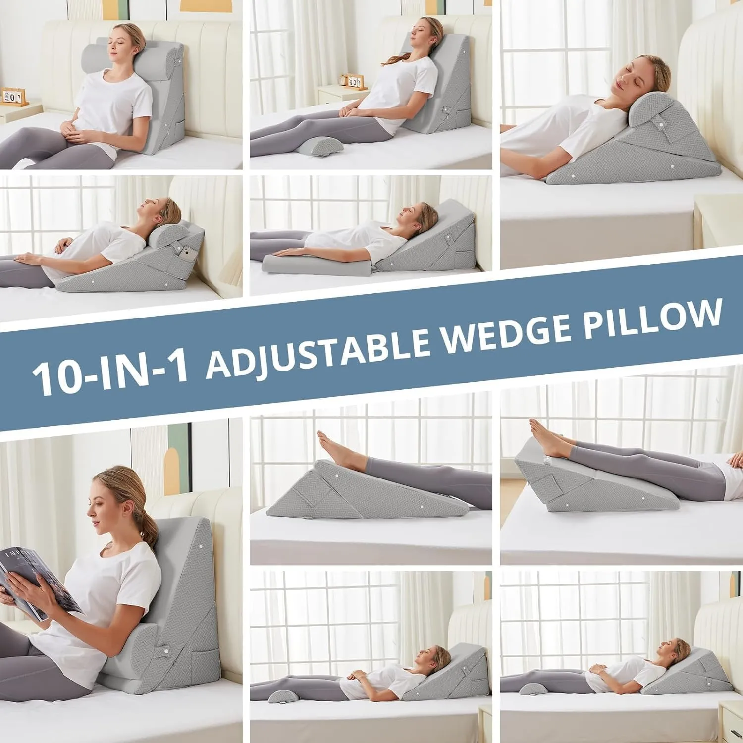 Sasttie Wedge Pillow Set for After Surgery, Adjustable Bed Wedge Pillow Headboard with Orthopedic Memory Foam Neck Cushion  for Acid Reflux, Sleeping, Neck & Back Support, Light Grey
