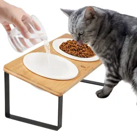 Sunhoo Ceramic Elevated Cat Bowls, Raised Puppy Dishes for Food and Water, Tilted Bamboo Stand for Anti Vomiting, Indoor 5.5 inch Wide Double Dish Orthopedic Anti-Vomiting (Wood Color)