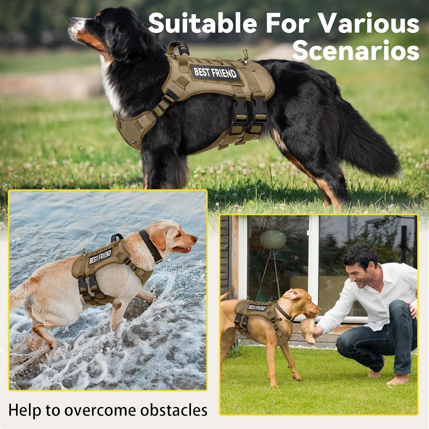 Tactical Dog Harness for Small Dogs,No Pull Dog Harness and Leash Set,Patches,Reflective Function,Dog Vest Harness for Training and Walking,Brown S