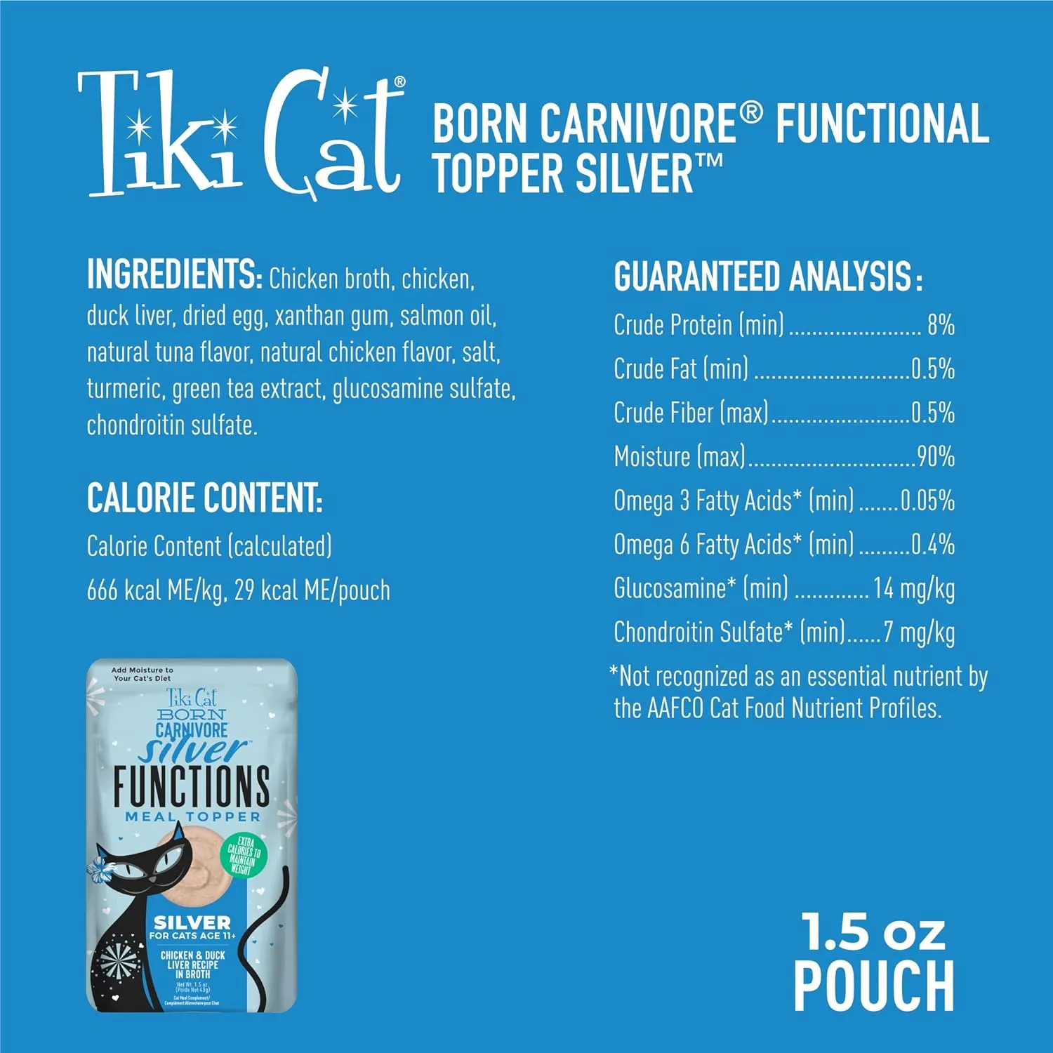 Tiki Cat Born Carnivore Functions Silver, Chicken & Duck Liver Recipe in Broth, High Protein Formulated for Senior Cat Diets, Mousse Cat Food Topper for Older Cats 11 , 1.5 oz. Pouch (12 Count)