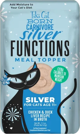 Tiki Cat Born Carnivore Functions Silver, Chicken & Duck Liver Recipe in Broth, High Protein Formulated for Senior Cat Diets, Mousse Cat Food Topper for Older Cats 11 , 1.5 oz. Pouch (12 Count)
