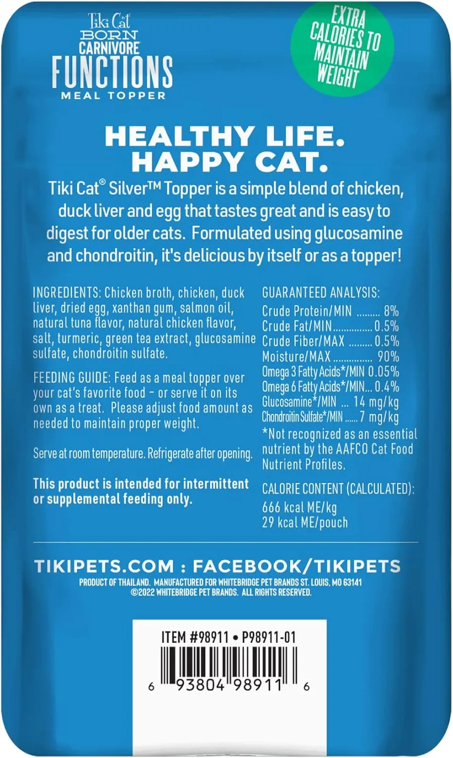Tiki Cat Born Carnivore Functions Silver, Chicken & Duck Liver Recipe in Broth, High Protein Formulated for Senior Cat Diets, Mousse Cat Food Topper for Older Cats 11 , 1.5 oz. Pouch (12 Count)