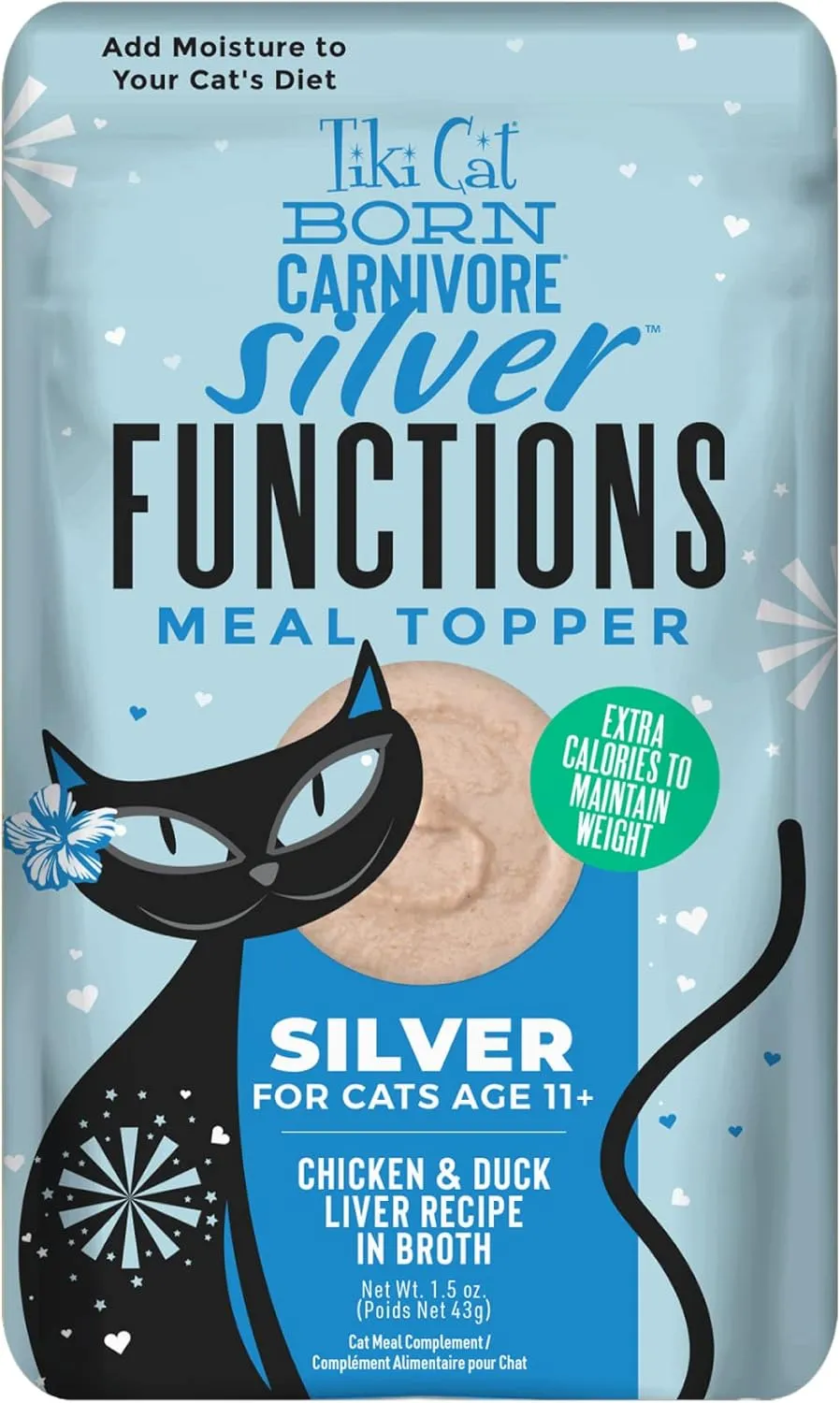 Tiki Cat Born Carnivore Functions Silver, Chicken & Duck Liver Recipe in Broth, High Protein Formulated for Senior Cat Diets, Mousse Cat Food Topper for Older Cats 11 , 1.5 oz. Pouch (12 Count)