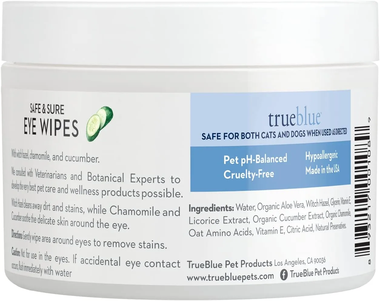 TrueBlue Cucumber & Chamomile Safe and Sure Dog Eye Wipes  Pre-Moistened Textured Pads for Tear Stain Eye Cleaning  Cleansing Eye Wipe for Dogs, Puppies  Non-Toxic, All-Natural  50 Count