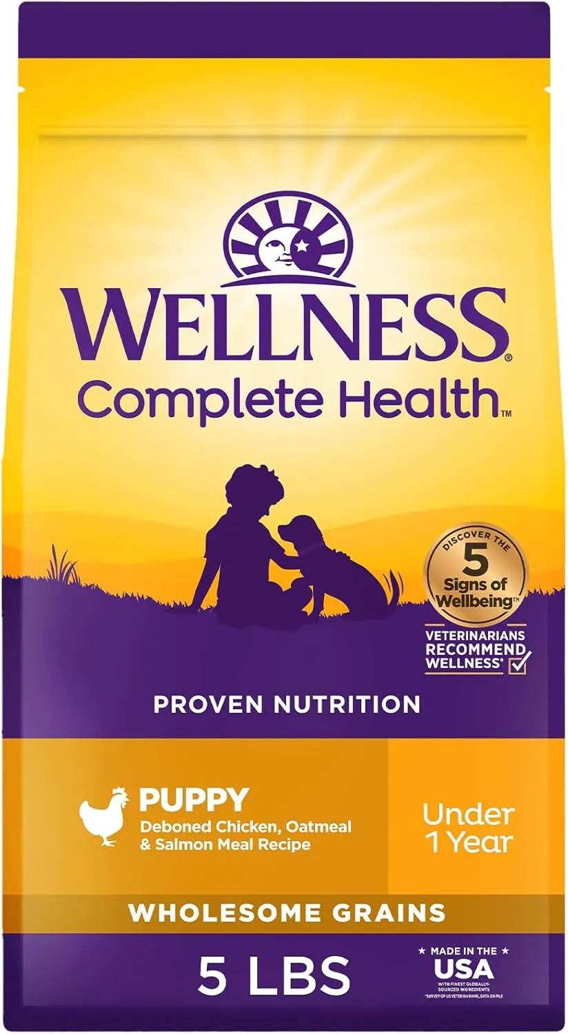 Wellness Complete Health Puppy Dry Dog Food, Wholesome Grains, Natural, Chicken, Oatmeal, & Salmon Recipe, (5-Pound Bag)