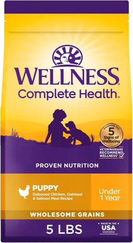 Wellness Complete Health Puppy Dry Dog Food, Wholesome Grains, Natural, Chicken, Oatmeal, & Salmon Recipe, (5-Pound Bag)