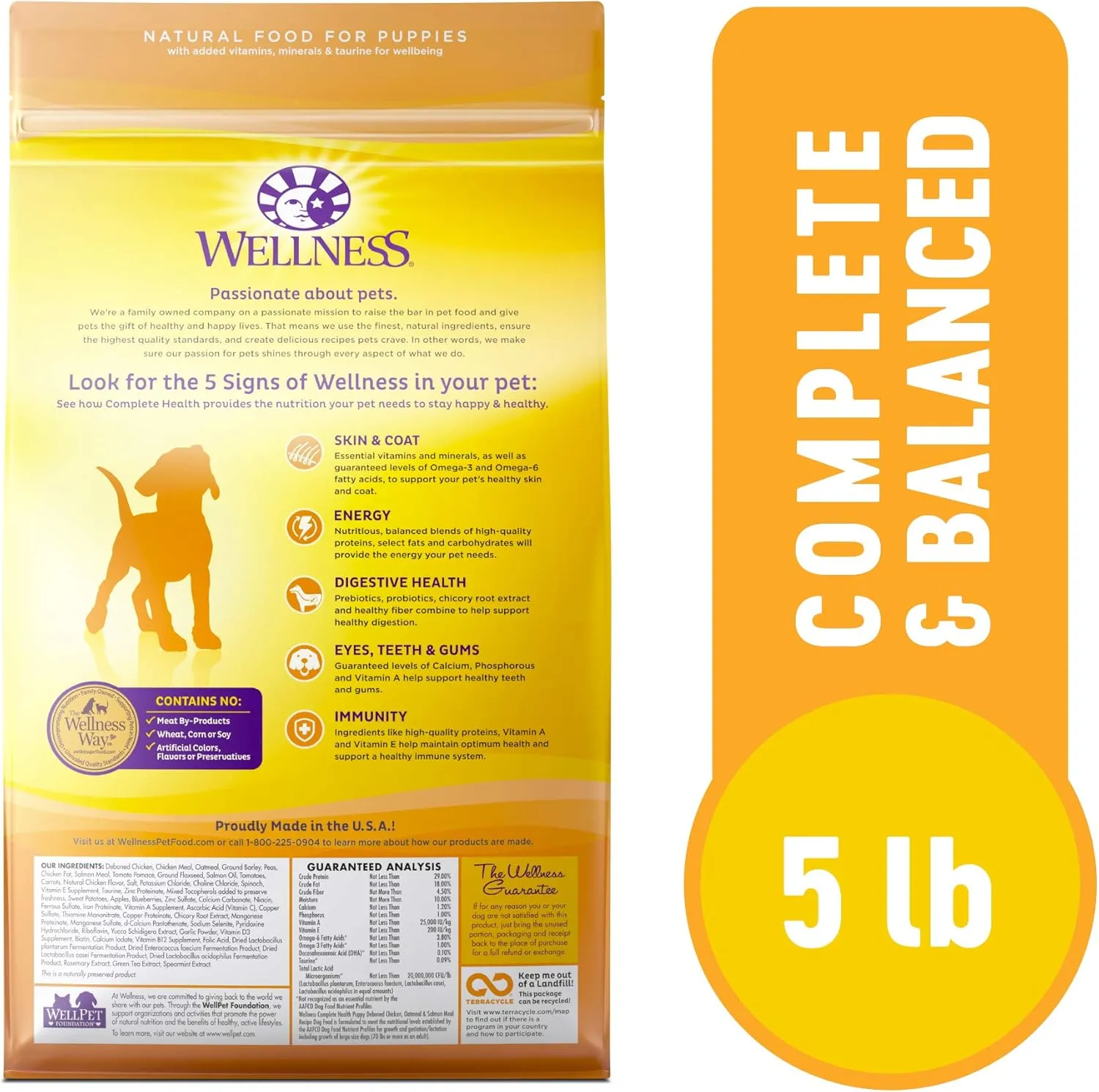 Wellness Complete Health Puppy Dry Dog Food, Wholesome Grains, Natural, Chicken, Oatmeal, & Salmon Recipe, (5-Pound Bag)